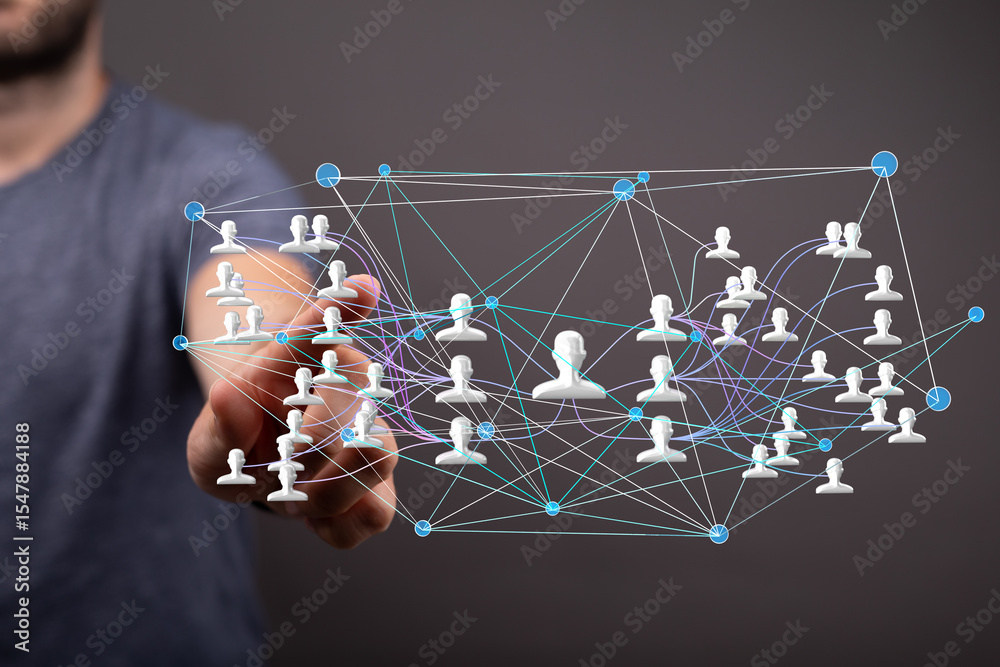 Poster hand reaching towards a digital network of interconnected people, symbolizing global communication a