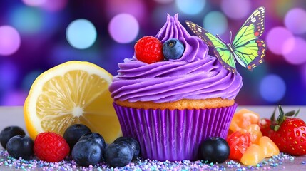 Cupcake, Purple cupcake, Cupcake with berries, Purple Cupcake with Berries and Butterfly