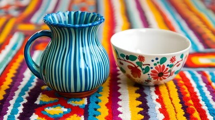 Pitcher, Bowl, Striped, Colorful Striped Pitcher and Floral Bowl on Vibrant Rug