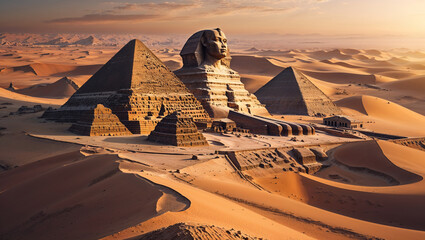 Ancient egyptian landscape featuring the great sphinx of giza and pyramids under warm light