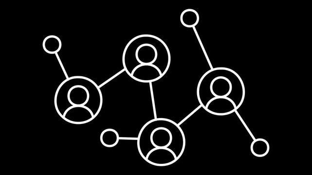 Communication networking icon animation. A networking web connecting individuals for communication through online communities White line icon isolated on black background.