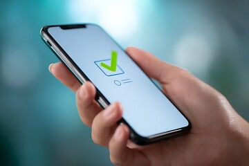 Vibrant photo of person using their smartphone to check a box on a mobile phone screen with a green check mark icon. The checkmark is part of a list, and the background is.