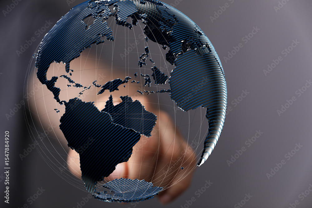Poster High-quality stock photo of a hand interacting with a 3D model of the Earth, representing global connection and networking.