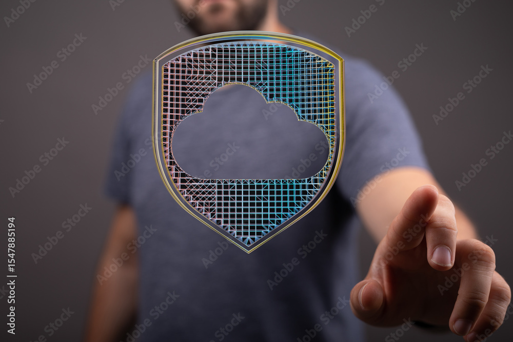 Poster Man interacts with a digital shield protecting cloud data, symbolizing online security and safety.