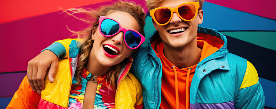 Smiling young couple enjoying vibrant colors in trendy jackets and sunglasses at a lively urban location during daytime