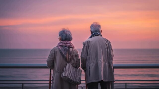 海辺に佇む杖を持つ老夫婦の夕暮れ