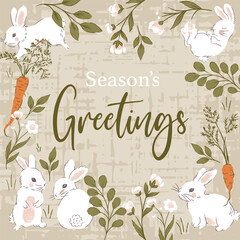 Cute White Rabbits and Botanicals Vector Frame Background