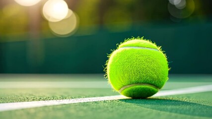 Tennis ball resting on the white line of a vibrant green hard court, basking in warm sunlight, poised for an upcoming serve during an exciting match - Powered by Adobe