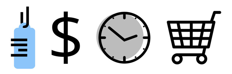 Set of Shopping objects icons: label, dollar sign, clock and shopping cart, on transparent background, flat line design, vector illustration