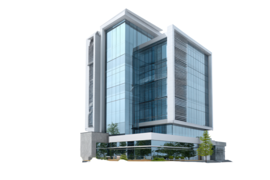 Tall building with a lot of windows and a green tree in front. transparent background