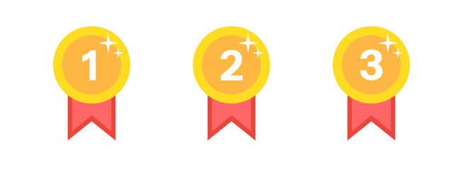 Shiny Gold Medal Ranking Icons with Sparkles. Vector Awards Set for Games and Interfaces