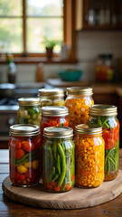 Colorful Homemade Pickles: A Variety of Preserved Vegetables in Glass Jars