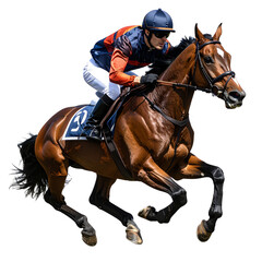 Fototapeta premium Side view of jockey in colorful uniform riding galloping brown horse isolated on transparent background PNG