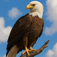 An eagle staring intently perched on a tall tree with a bright cloud background image