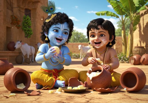 Janmashtami Devotional Art of Butter-Loving Krishna and Balaram as Children

