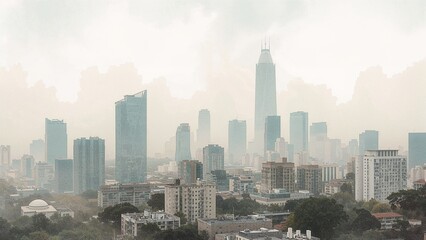 Obraz premium Morning haze in Jakarta line art style with watercolor textures illustration