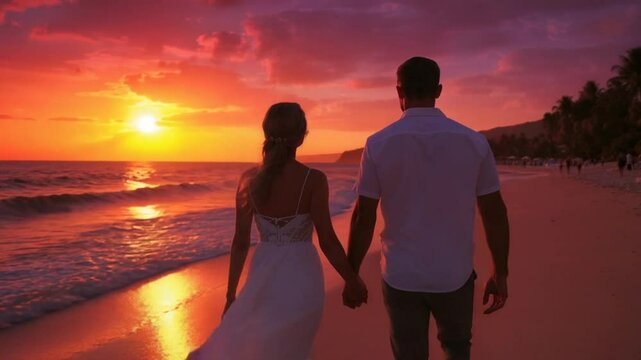 Couple Walking Hand-in-Hand on Beach at Sunset Tropical Setting