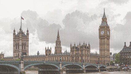 Obraz premium Overcast skies in London line art style with watercolor textures illustration