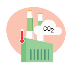 Green Factory Emitting CO2 with Red Thermometer Icon