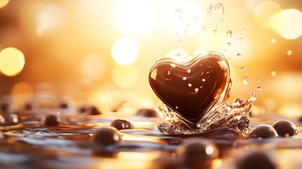 Fototapeta premium Chocolate heart, Heart shape, Liquid chocolate, Chocolate Heart Splashing into Liquid Chocolate