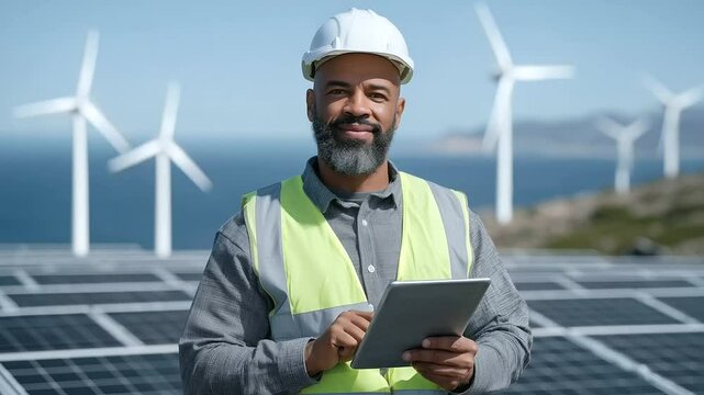 Engineer in high-vis vest and hard hat stands confidently with tablet, inspecting rows of solar panels gleaming under the sun, with wind turbines spinning in the background, symbol