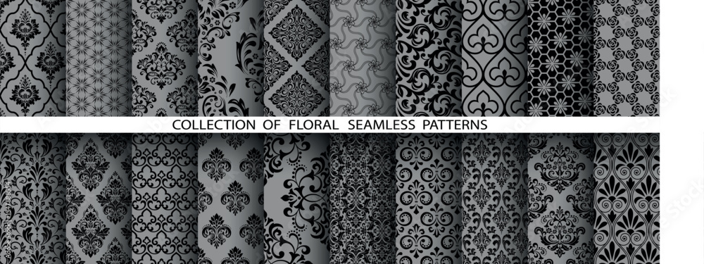 Poster geometric floral set of seamless patterns. gray and black vector backgrounds. damask graphic ornamen