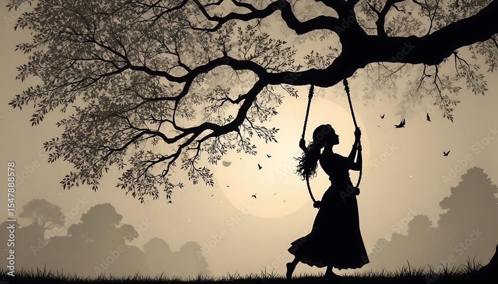 Fototapete illustration for hariyali teej with a silhouette of a woman swinging under a large tree., created wi