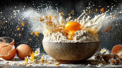 Dynamic splash of ingredients in kitchen bowl.