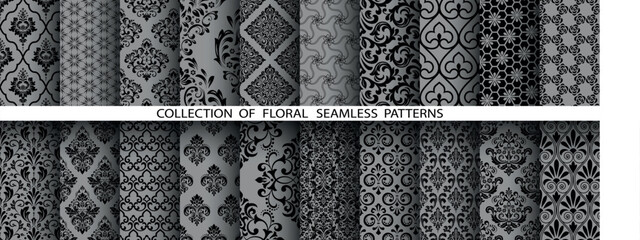 Geometric floral set of seamless patterns. Gray and black vector backgrounds. Damask graphic ornaments