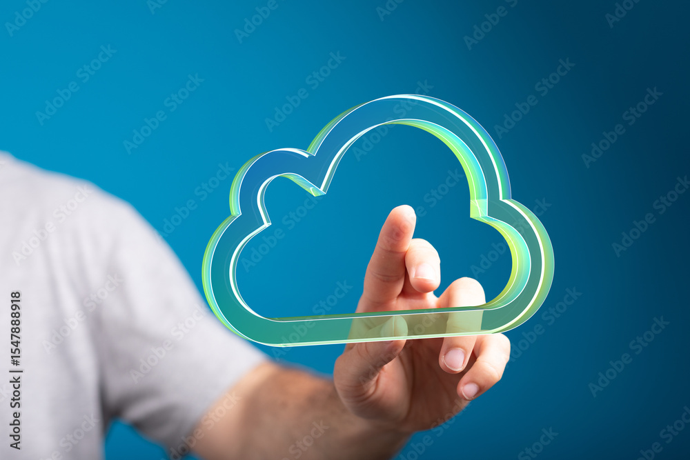 Poster Hand interacting with a digital cloud, symbolizing data access and cloud services.