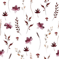 Watercolor floral seamless pattern. Pink, burgundy, brown flowers, mushrooms, dry fall leaves, eucalyptus twigs, branches. Watercolour artistic template design illustration.