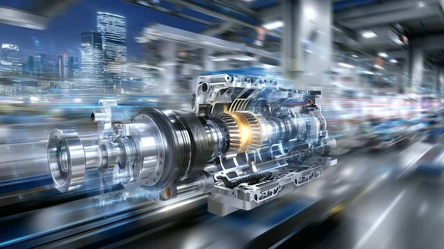 Exploded view of a complex machine engine, showing pistons, crankshaft, and geartrain, suspended in midair inside a modern factory