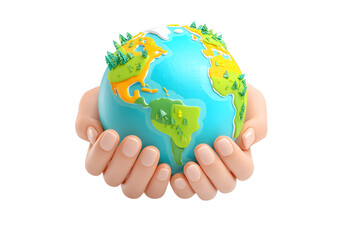 A delightful 3D rendering of hands gently cradling a stylized Earth, isolated on a transparent background. environmental protection, global responsibility, and sustainable living.
