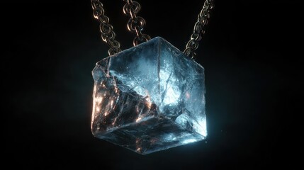 Abstract blue cube suspended from chain against dark backdrop