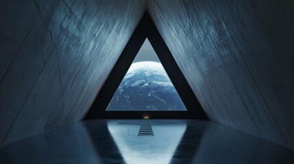 Spaceship interior. View on open space or planet. Futuristic sci-fi laboratory or corridor with neon light.