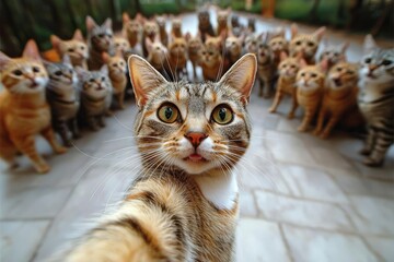 Cats taking a selfie on a blurred background. A group funny cats, Generative AI , isolated on white background,  , copy space, copy space for text,