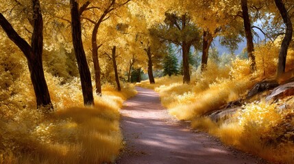 Obraz premium Driving through golden forest path, tranquil scene