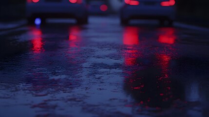 Night, Wet asphalt, Rain, Red Taillights Reflected in Wet Asphalt at Night