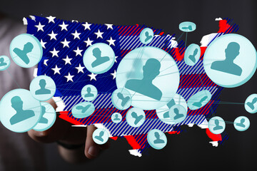 Obraz premium Visual representation of social connections nationwide, using a US map graphic.