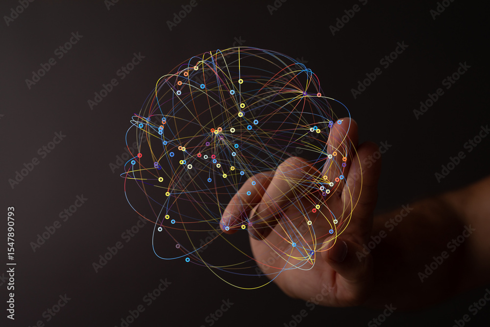 Aufkleber Hand interacting with a digital sphere representing global connections and data flow. Abstract network concept.