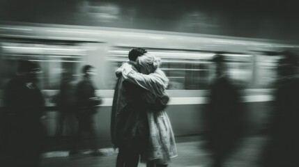 A couple embracing after a long absence at a train station, raw emotion and motion blur capturing the moment