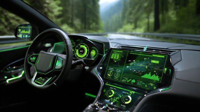 A futuristic electric vehicle dashboard powered by green energy, driver monitoring eco-efficiency data