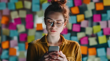 A young woman scheduling ads using a smartphone app, surrounded by colorful notes and marketing reports