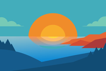 Sunset over a mountain landscape with a vibrant sky