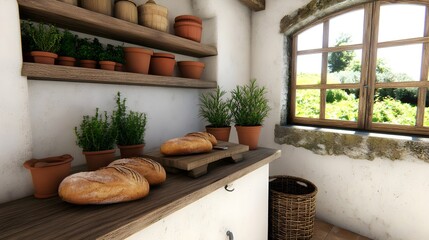 Rustic, Kitchen, Window, Rustic Kitchen Window with Herbs and Bread