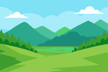 Summer mountain landscape with a vibrant blue sky, green hills, and a sun-drenched meadow