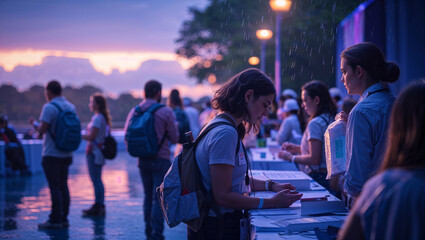 Attendees in rain gather at registration table with volunteers and sunset sky background