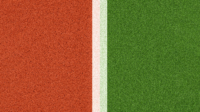 Top view of tennis court surface with red clay and green grass divided by a white line