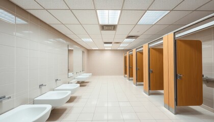 Clean and modern public restroom interior with multiple stalls, bright lighting, and tiled walls, wide-angle shot, high-resolution 2