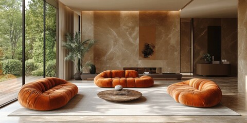 Contemporary Interior with Three Stylish Orange Sofas and Marble Accents